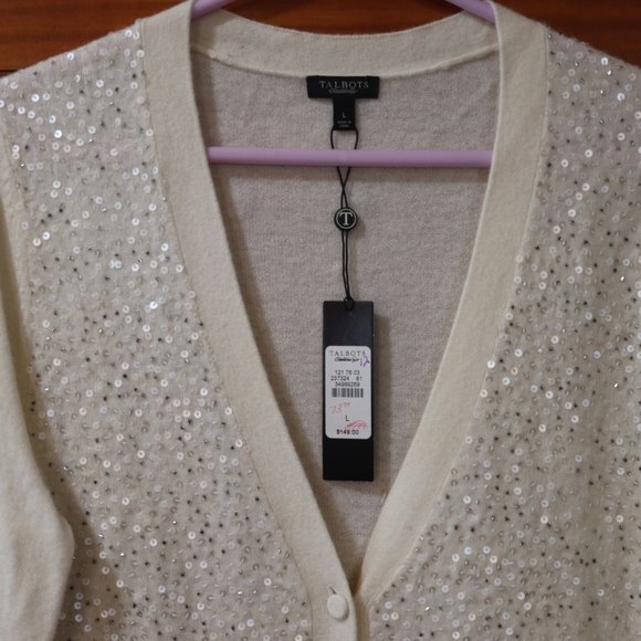 Talbots Cream Sequin Wool Angora Rabbit Hair Cardigan Large NWT Chic - Picture 2 of 13